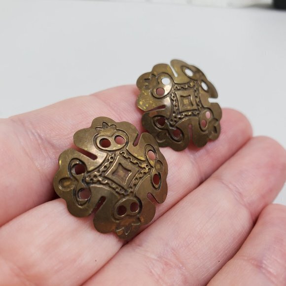 Bronze Tone Earrings Boho Tribal Swirl Holes Pierc - Picture 3 of 8